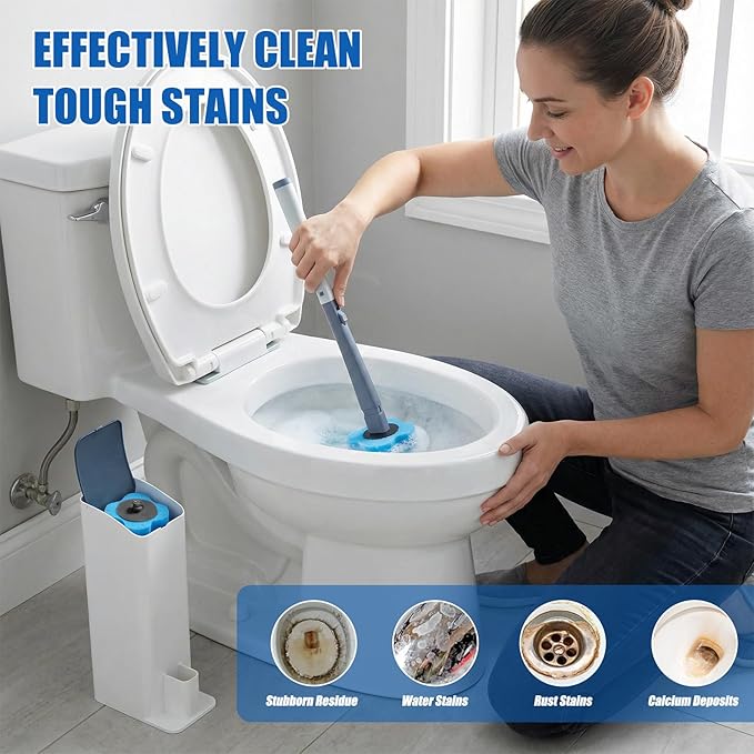 Disposable Toilet Brush with 8 Refills,Toilet Wand Brush Cleaning Kit,Wall Mounted Toilet Bowl Cleaner Set with Holder for Bathroom Deep Cleaning & Hygiene Local Stock- Blue & White