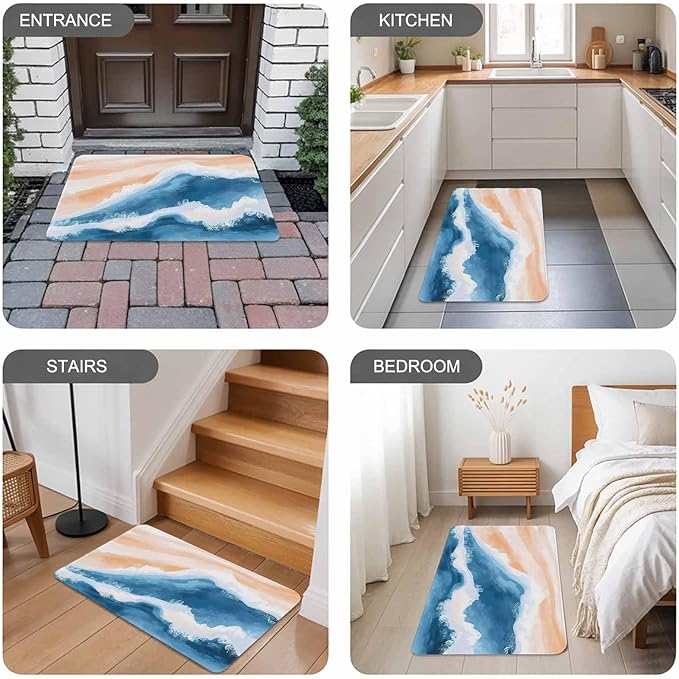 Abstract Waves Doormat Orange Blue Gradient Spray Non Slip Low Profile Rubber Door Mat Washable Absorbent Indoor Front Door Mat Entryway Rug Entrance Carpet 18x30 Inch