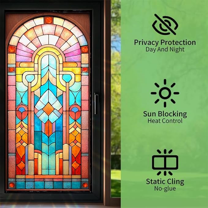 Stained Glass Window Film 17.3 x 39.4 Inch Decorative Privacy Window Sticker Colorful Geometric Static Cling Window Cover for Bathroom Bedroom Office Home Glass Decor