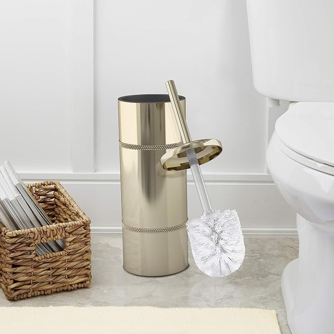 nu steel TBH-8065G-17 Slim Compact Freestanding Toilet Bowl Brush and Holder for Bathroom Storage and Organization - Space Saving, Sturdy, Deep Cleaning, Covered Brush, Metal in Scratched Gold Finish