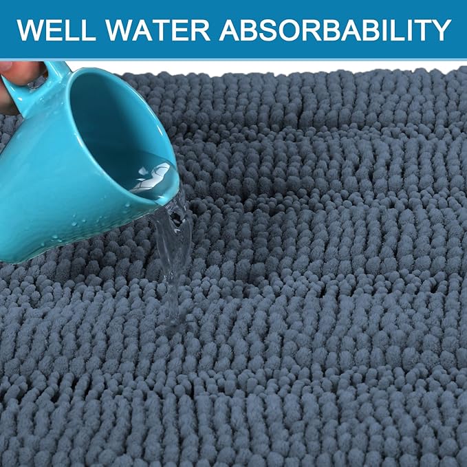 H.VERSAILTEX Bathroom Rug Sets 2 Piece Bath Mats Non Slip Thick Soft Chenille Striped Bath Rug achine Washable Shower Floor Rugs for Tub, Shower and Floor (Blue Indigo, 36"x24" Plus 20"x24" U)