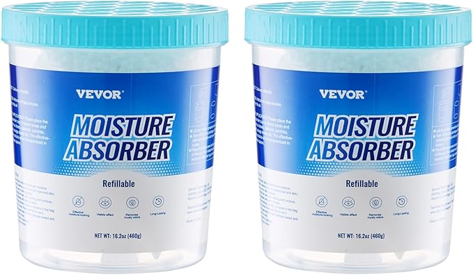 VEVOR Moisture Absorber Bucket, 2 Packs 16.2 oz Hi-Capacity Moisture Absorber Bucket with 800ml Storage Area & Reusable Outer Bucket for Long-Term Use, Fragrance Free Moisture Absorber for Fresher Air