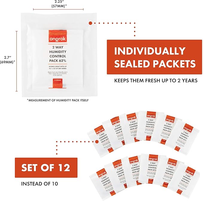 Size 4, 2 Way Humidity Control Packets, 62% RH, 12 Pack, Each Pack Good for up to 1/2 oz