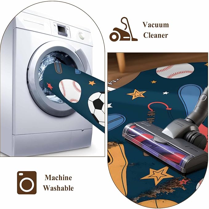 Cartoon Sports Round Rug 3.3 Ft, Baseball Soccer Basketball Rugby Sneakers Samll Area Rugs Washable Non Slip Indoor Floor Mats Circle Carpet for Living Room Bedroom Dining Room Home