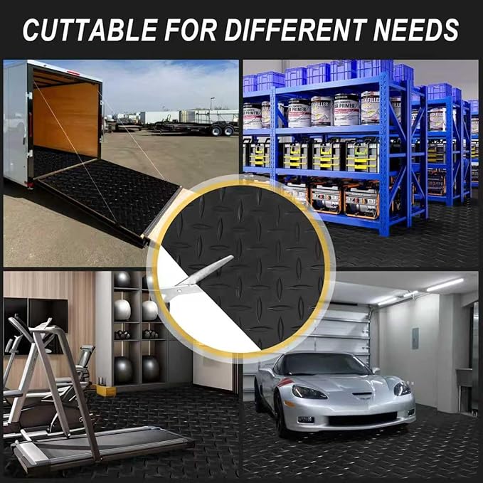 7.5x25 FT Garage Floor Mat, 2.8mm Thickened Flooring Roll Under Car Mat with 20Pcs Tapes, Diamond Plate, Non-Slip Floor Protector Mat for Trailer, Garage, Warehouse, Gyms, Trailer, Black