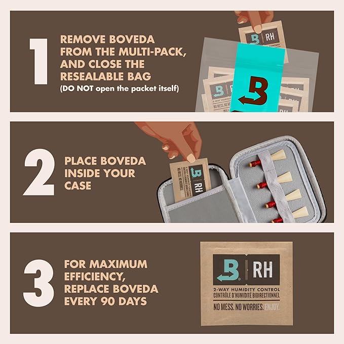 Boveda 84% Two-Way Humidity Control Packs for Woodwind Reeds – Size 8, 10 Pack – Moisture Absorbers – Protects Against Drying & Splitting – Individually Wrapped Reed Humidifiers for Day-of Performance
