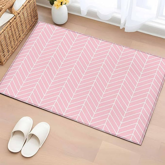 Pink Herringbone Stripes Entryway Rug 2'x3', Modern Abstract Geometric Pink Simple Lines Small Area Rug Non-Slip Front Door Mat Washable Floor Carpet for Indoor Entrance Kitchen Bathroom