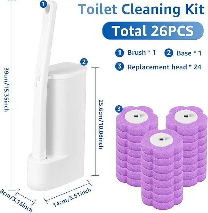 Toilet Bowl Cleaner Kit, Toilet Brush Cleaning System, Easy to Install Refills Pads Replacement Heads, Efficient Brush Disc Kit with Elongated Handle for Bathroom Cleaning(Purple)