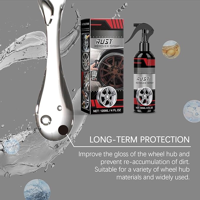Wheel Rust Remover Spray, 4 Fl Oz Rim Cleaner for Rust Stains, Brake Dust and Road Grime, Automotive Metal Surface Cleaner for Wheels, Hubs and Exterior Car Parts