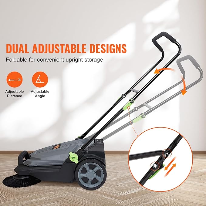 VEVOR Walk-Behind Hand Push Floor Sweeper, 25.6" Sweeping Width Floor Sweeper Manual Non-Electric, 5-Gallon Waste Container, Angle & Height Adjustable Folding Handle for Walkway, Yard, Garage, Patio
