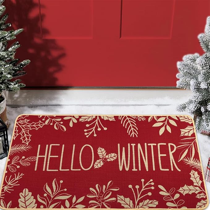 Hello Winter Door Mat Welcome Doormat, Winter Christmas Red Outdoor Rug Leaves Decor Floor Front Door Mat Non-Slip Entrance Mat for Home Kitchen Bathroom Decorations 17 X 29 Inch