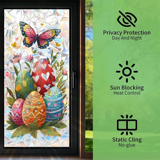 Easter Window Film Colorful Egg and Butterfly Design Decorative PVC Window Film for Home Entryway Kids Room Adds Spring Privacy and Light Softening Holiday Style