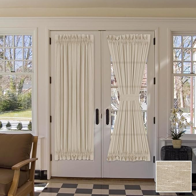 H.VERSAILTEX Linen French Door Curtains Semi Sheer Light Reducing Privacy Doors Window Cover with Tieback | Rod Pocket 1 Panel Door Shades for Glass Living Room Doorways,52" W x 72" L,Linen