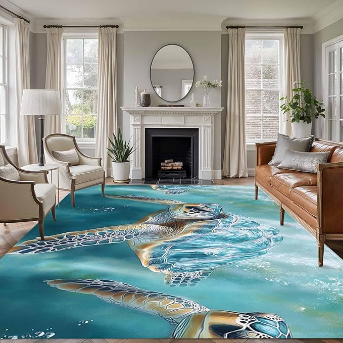 Marine Animal 5'x7' Area Rugs, Ocean Turtle Modern Art Abstract Style Washable Area Rugs Non-Slip Indoor Floor Mats Carpet for Living Room Bedroom Dining Room