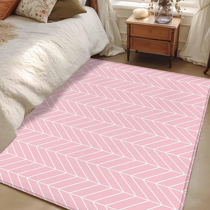 Pink Herringbone Stripes 4'x6' Area Rugs, Modern Abstract Geometric Pink Simple Lines Washable Area Rugs Non-Slip Indoor Floor Mats Carpet for Living Room Bedroom Dining Room