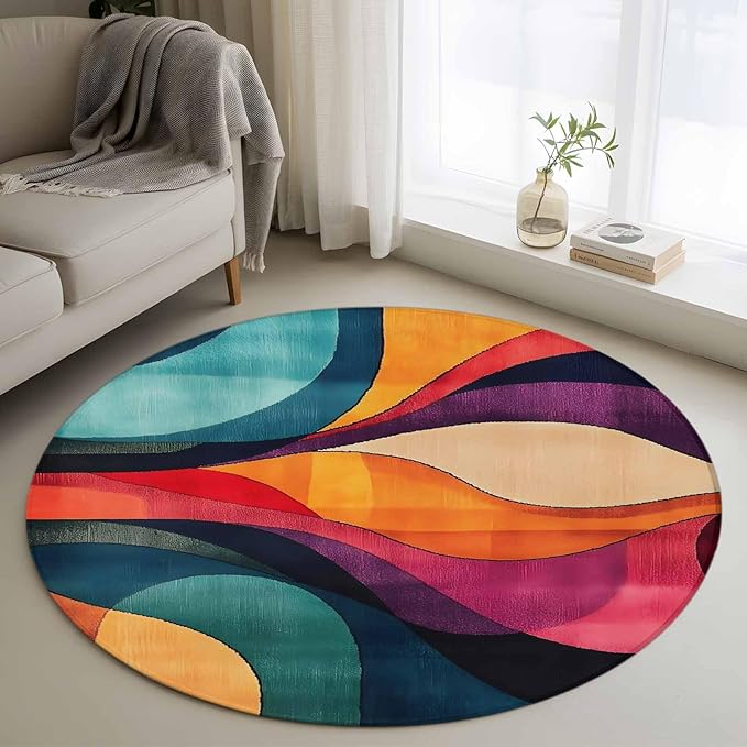 Minimalist Art Round Rug 4 Ft, Abstract Yellow Blue Color Block Line Circle Area Rugs Washable Non Slip Indoor Floor Mats Carpet for Living Room Bedroom Dining Room Home Decor