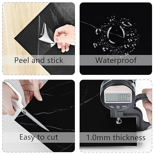 Wallercity Glossy Black Marble Peel and Stick Floor Tile Waterproof Vinyl Flooring Adhesive 6PCS Peel and Stick Bathroom Floor Tile with White Veins Sticky Tiles for Bedroom Kitchen Basement 12''x12''