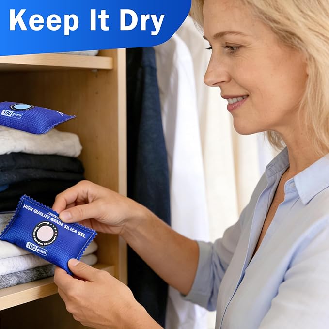 FURWEY 2 Pack Rechargeable Desiccant Packs, 100g Each, Blue, Color Indicating Silica Gel Dehumidifier Bags for Storage, Closets, Cars, Bins