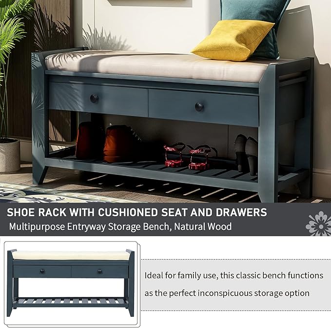 Knocbel Entry Storage Bench Shoes Rack with Cushioned Seat, 2 Drawers & Slatted Shelf, Living Room Entryway Hallway Foyer Shoe Bench Bedroom End of Bed Bench (Antique Navy)