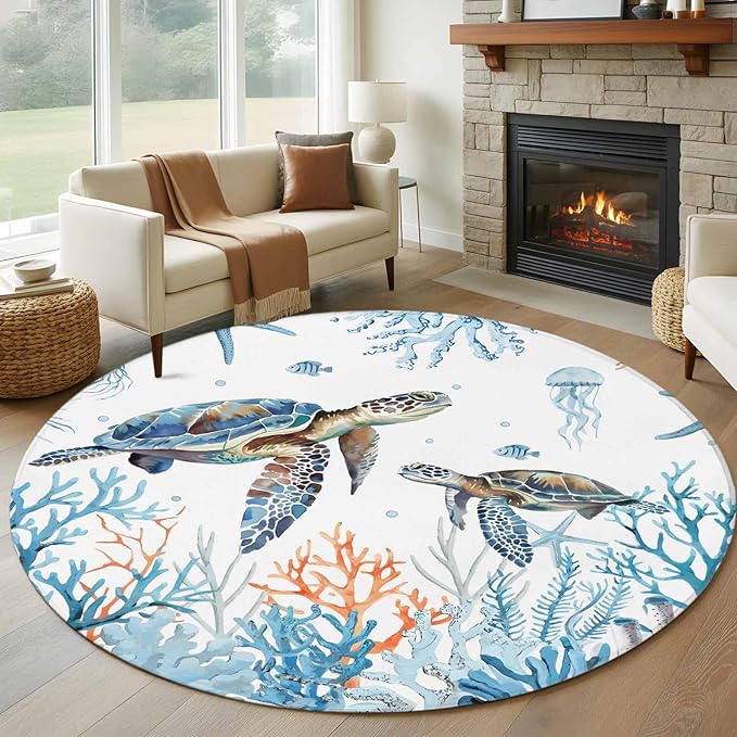 Sea Turtle Round Rug 5 Ft, Seagrass Coral Starfish Circle Area Rugs Washable Non Slip Indoor Floor Mats Carpet for Living Room Bedroom Dining Room Home Decor