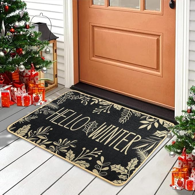 Hello Winter Door Mat Welcome Doormat, Winter Christmas Black Outdoor Rug Leaves Decor Floor Front Door Mat Non-Slip Entrance Mat for Home Kitchen Bathroom Decorations 17 X 29 Inch