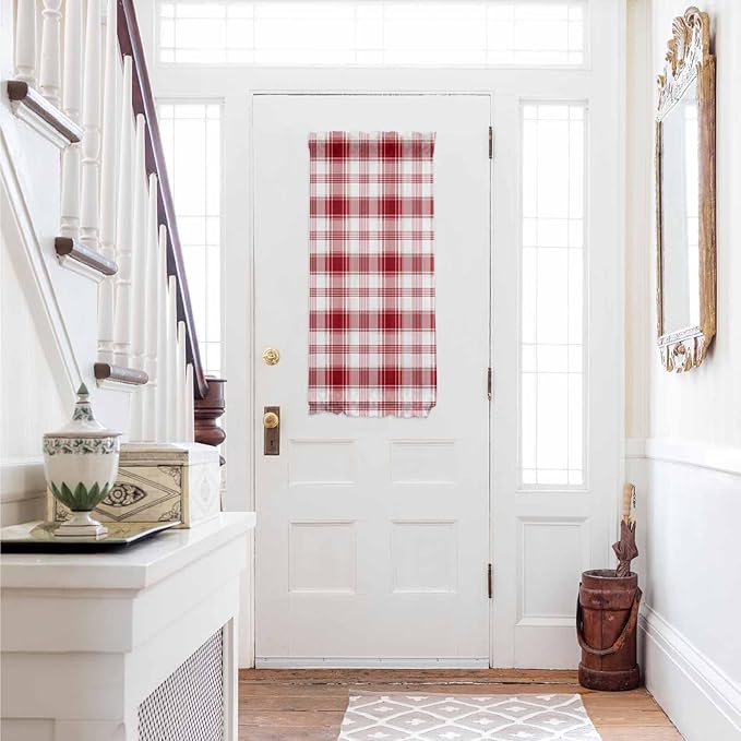 French Door Curtain Panel for Front Door, Red White Ombre Checkered Classical Slidelight Door Curtains with Tieback Light Filtering Privacy Panels for Doorway Entryway 25"x 40"