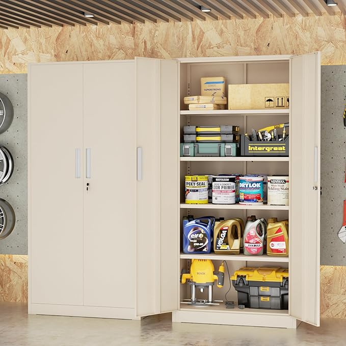 Bonusall 72" Metal Garage Storage Cabinet， Heavy-Duty Steel Cabinet with 2 Locking Doors & 4 Adjustable Shelves for Home, Office, or Workshop Organization(Grey)