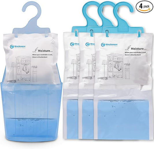 Wisesorb Moisture Absorber Packets with Plastic Case & Hook, Odor Eliminator, Leak Proof, Fragrance Free, Humidity Packs, Hanging Closet Dehumidifier Bags, Moisture Absorber (4 Packs)