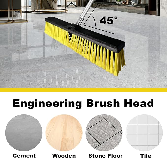 18 Inches Push Broom Outdoor - Heavy Duty Broom with 63" Long Handle for Deck Driveway Garage Yard Patio (Yellow)