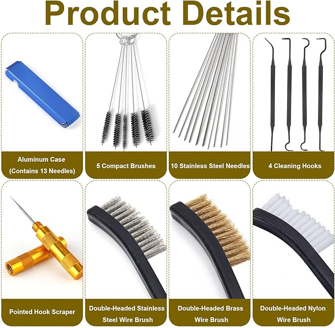 Carburetor Cleaning Kit Tool, Includes 13 Needles 4 Cleaning Hooks 3 Dual-Head Nylon Brushes10 Single-Headed Needles 1 Pointed Hook Scraper for ATV Welder Motorcycle Carb Spray Jet Torch Tips