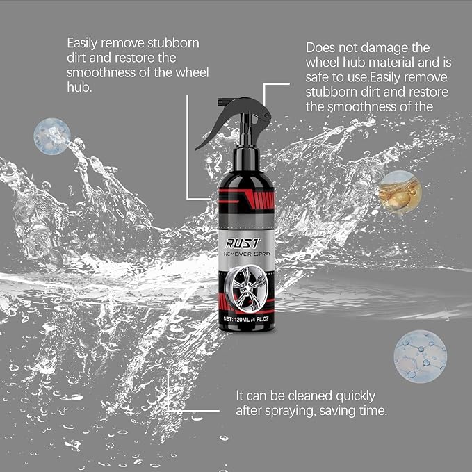 Wheel Rust Remover Spray, 4 Fl Oz Rim Cleaner for Rust Stains, Brake Dust and Road Grime, Automotive Metal Surface Cleaner for Wheels, Hubs and Exterior Car Parts