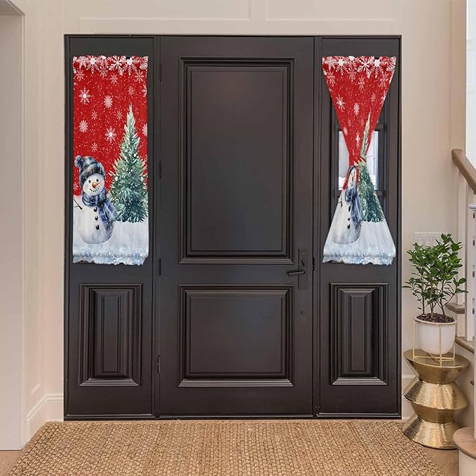 Christmas French Door Curtain Panel for Front Door, Red Pine Tree Christmas Snowman Blue Slidelight Door Curtains with Tieback Light Filtering Privacy Panels for Doorway Entryway 25"x 40"