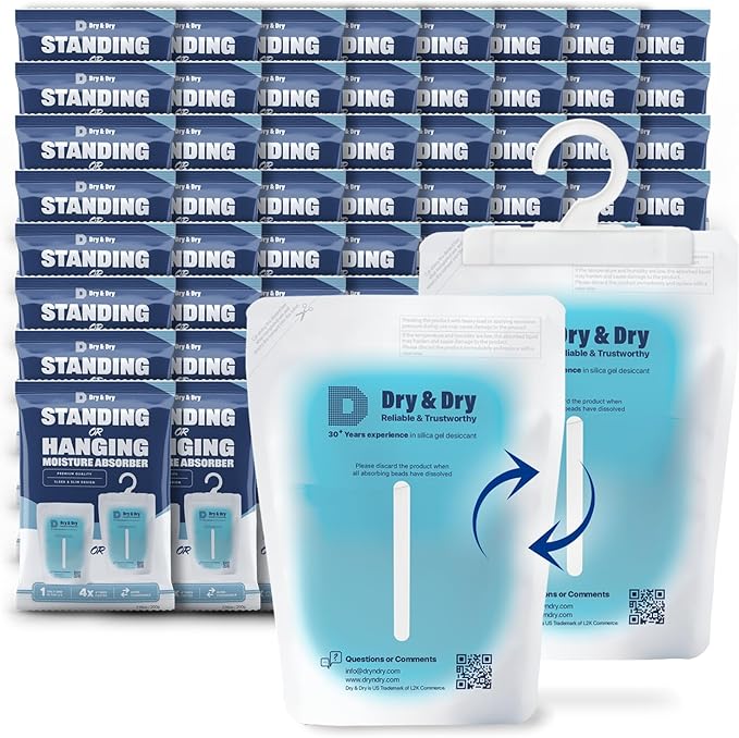 Dry & Dry 60 Packs Hybrid Moisture Absorbers to Control Excess Moisture for Basements, Closets, Bathrooms, Laundry Rooms - Moisture Absorbers, Standing or Hanging Moisture Absorbers