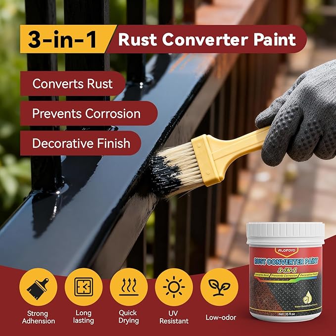 Rust Converter Remover Paint for Metal, 3-in-1 Long-lasting Rust Inhibitor&Primer, Quick-Dry Coating for Automotive, Trailer, Chassis and Tools, Water-Based & VOC-free Reformer for Metal- 35oz Black