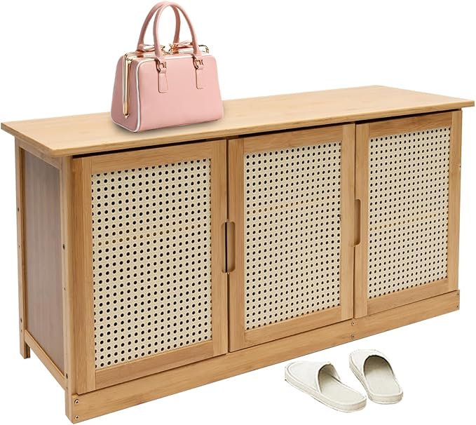 Shoe Storage Bench,Rattan Shoe Bench,Shoe Storage Bench Organizer,Entryway Shoe Bench with Plastic Rattan Doors,Shoe Rack Organizer Adjtable Shelves,Shoe Rack Organizer Space,for Bedroom