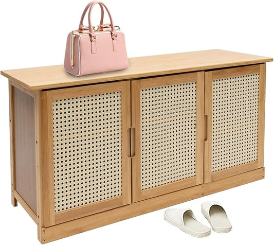 Shoe Storage Bench,Rattan Shoe Bench,Shoe Storage Bench Organizer,Entryway Shoe Bench with Plastic Rattan Doors,Shoe Rack Organizer Adjtable Shelves,Shoe Rack Organizer Space,for Bedroom