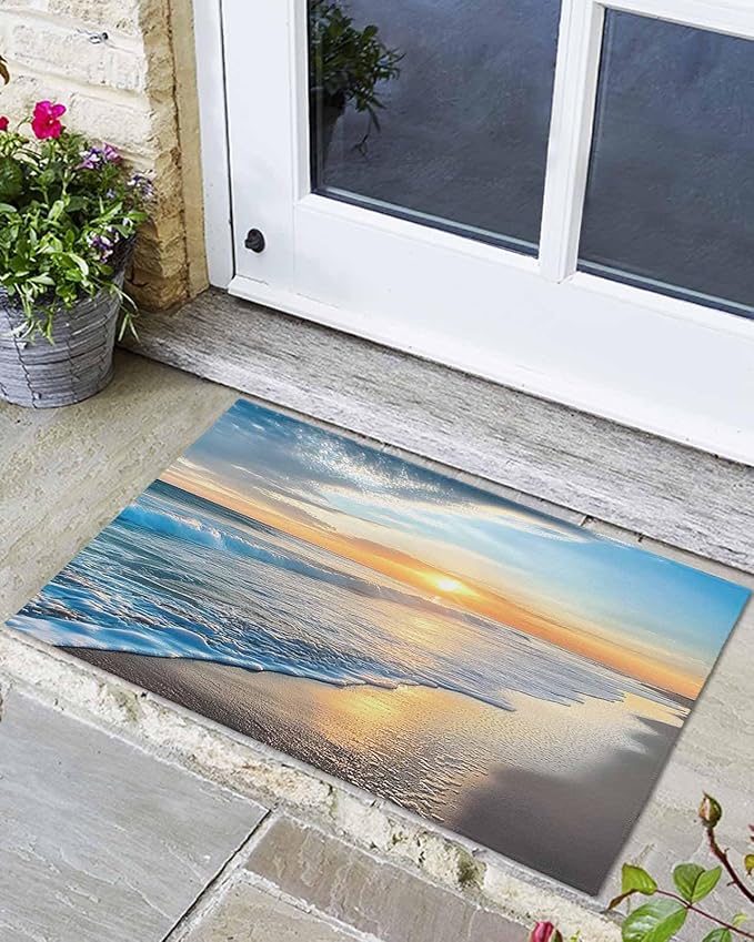 Front Door Mat Outdoor, Sunset Beach Absorbent Non Slip Indoor Entry Rug, Spray Ocean Waves Sky Nature Scenery Low-Profile Doormat Washable Rugs for Bathroom, Kitchen, 24x32in