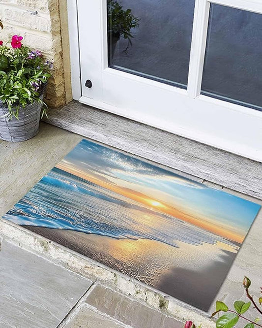 Front Door Mat Outdoor, Sunset Beach Absorbent Non Slip Indoor Entry Rug, Spray Ocean Waves Sky Nature Scenery Low-Profile Doormat Washable Rugs for Bathroom, Kitchen, 18x30in