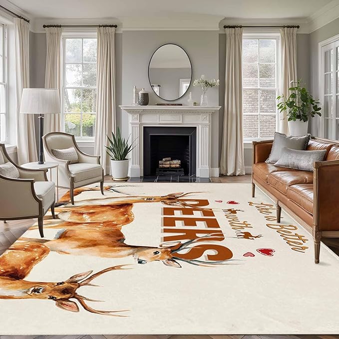 Beige Deer 5'x7' Area Rugs, Wildlife Animals Rustic Farmhouse Elk Rustic Farmhouse Washable Area Rugs Non-Slip Indoor Floor Mats Carpet for Living Room Bedroom Dining Room