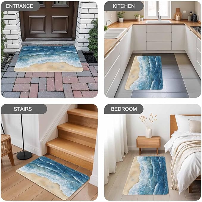 Abstract Waves Doormat Blue Ocean Spray Beach Watercolor Non Slip Low Profile Rubber Door Mat Washable Absorbent Indoor Front Door Mat Entryway Rug Entrance Carpet 24x36 Inch