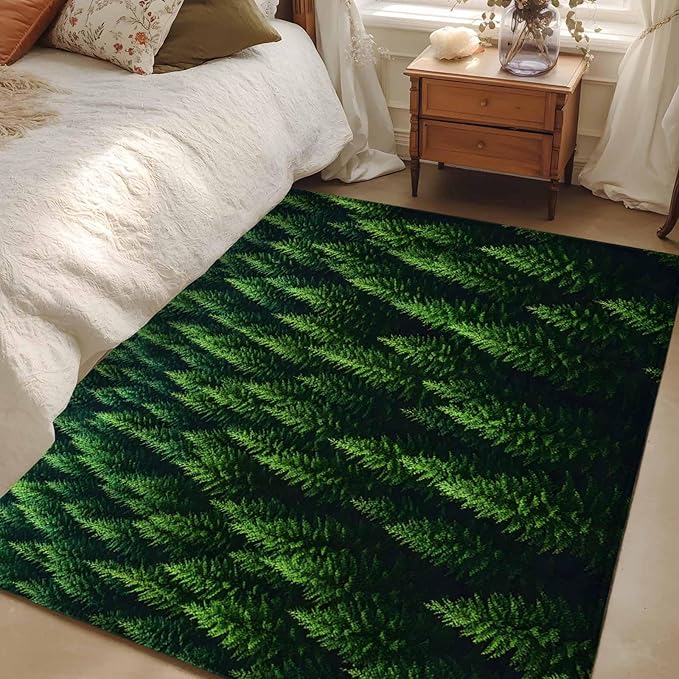 Green Forest 4'x6' Area Rugs, Pine Trees Forest Landscape Style Summer Washable Area Rugs Non-Slip Indoor Floor Mats Carpet for Living Room Bedroom Dining Room