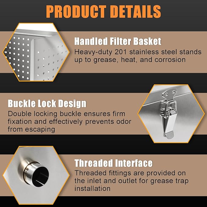 25lbs Commercial Grease Trap for Home Restaurants Under Sink, Stainless Steel Interceptor