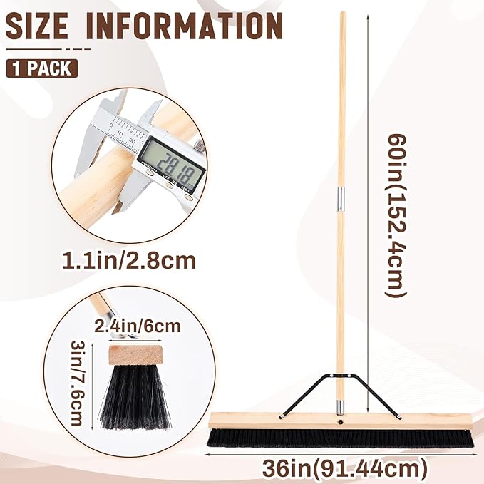 36 Inch Push Broom Indoor Outdoor Use, Heavy Duty Floor Sweep Brush with 60 Inch Wood Handle, Stiff Bristles for Concrete Garage Driveway Cleaning Snow Leaves Debris