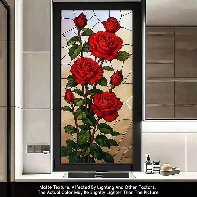 Red Rose Privacy Film Stained Glass Style Static Cling No Glue Decorative Panel Light Filtering Cover for Living Room Door Entryway 17.7x39.3 inch