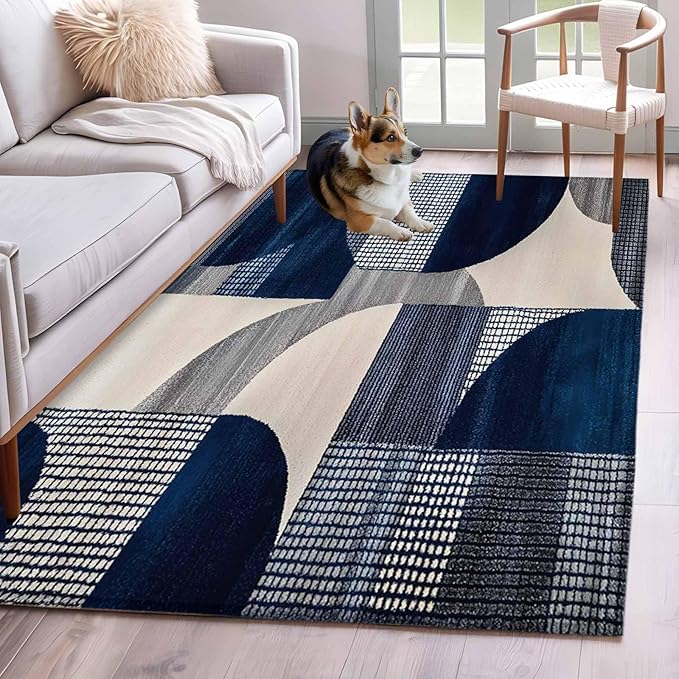 Modernism 4'x6' Area Rugs, Blue White Geometric Abstract Design Washable Area Rugs Non-Slip Indoor Floor Mats Carpet for Living Room Bedroom Dining Room