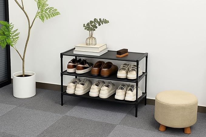Shoe Shelf – 3 Tier Shoe Rack Stackable with Shoe Brush & Ergonomic Shoe Horn, Space-Saving Shoe Organizer for Entryway, Hallway, Closet & Wardrobe – Complete Shoe Care Set (Black)