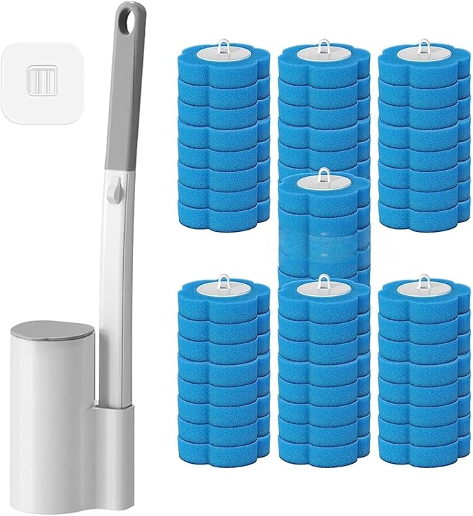 Disposable Toilet Brush with No-Touch System, Toilet Cleaning Wand Kit Includes 56 Refill Heads & Wall Mount Holder, Built-in Detergent, Hygienic Bathroom Cleaning Tool for Toilet Sink Shower