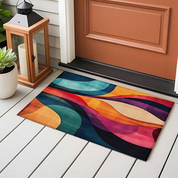 Minimalist Art Entryway Rug 2'x3', Abstract Yellow Blue Color Block Line Small Area Rug Non-Slip Front Door Mat Washable Floor Carpet for Indoor Entrance Kitchen Bathroom