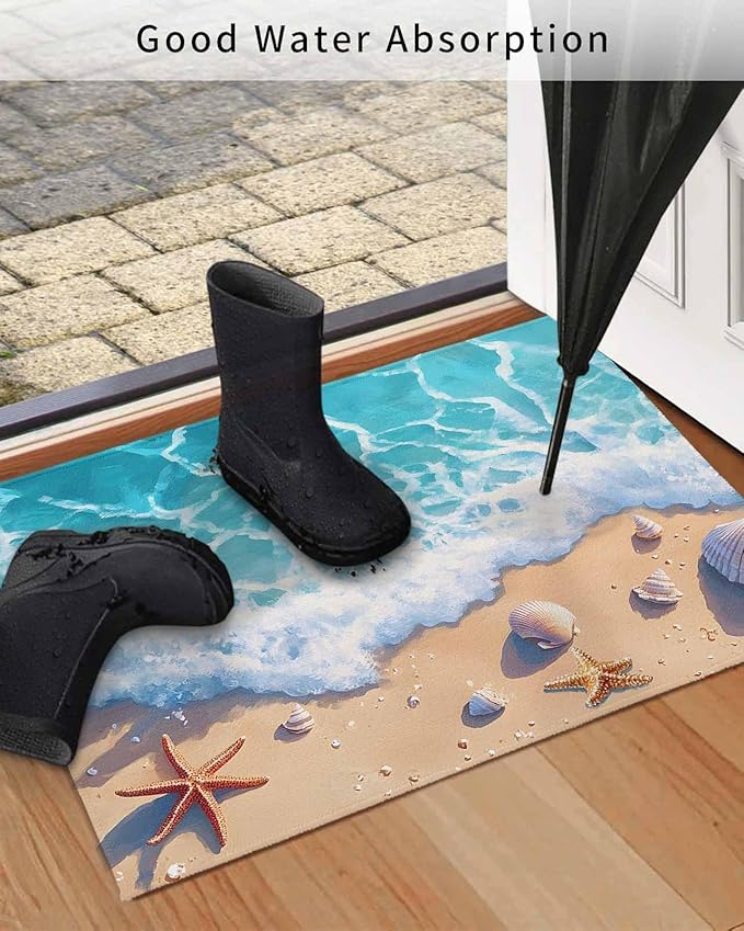 Front Door Mat Indoor Outdoor Summer Watercolor Ocean Beach Non-Slip Doormat Low Profile Patio Porch Entryway Rug 18x30in Marine Starfish Shell Spray