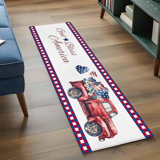 Red Truck USA Flag Stars Runner Rug 2'x6', God Bless America Hallway Runner Rugs Washable Non-Slip Bedside Floor Mats Carpet for Kitchen Bedroom Laundry Room Bathroom